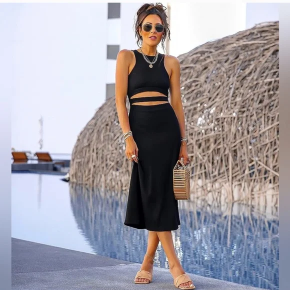 knee length dresses for ladies Romie Black Bow Cutout Midi Dress – JO+CO main image 1